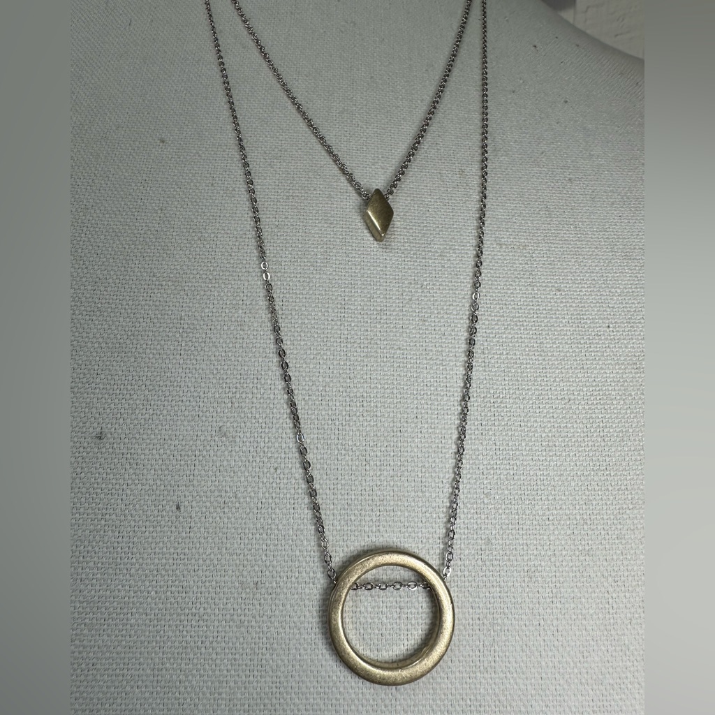 Double Chain Floating Brass Circle And Diamond Shape Necklace